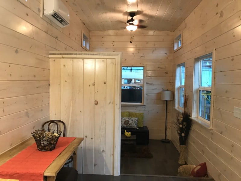 The 9’ x 28’ Gray Haven Features a Step-Down Living Room