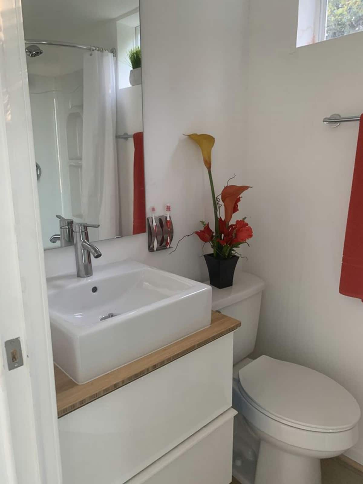 Modern sink and toilet with red accents in tiny home