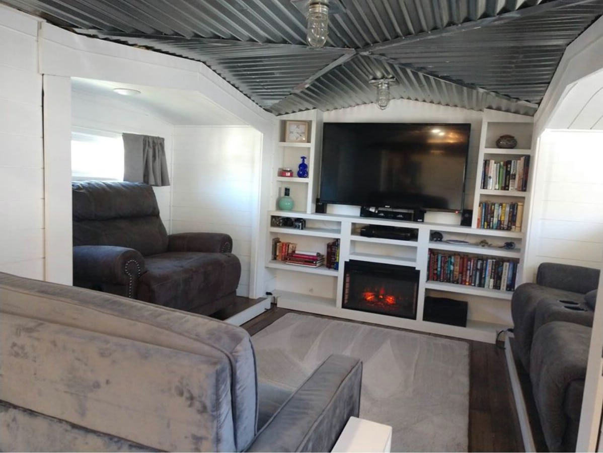 Couches and TV in tiny house