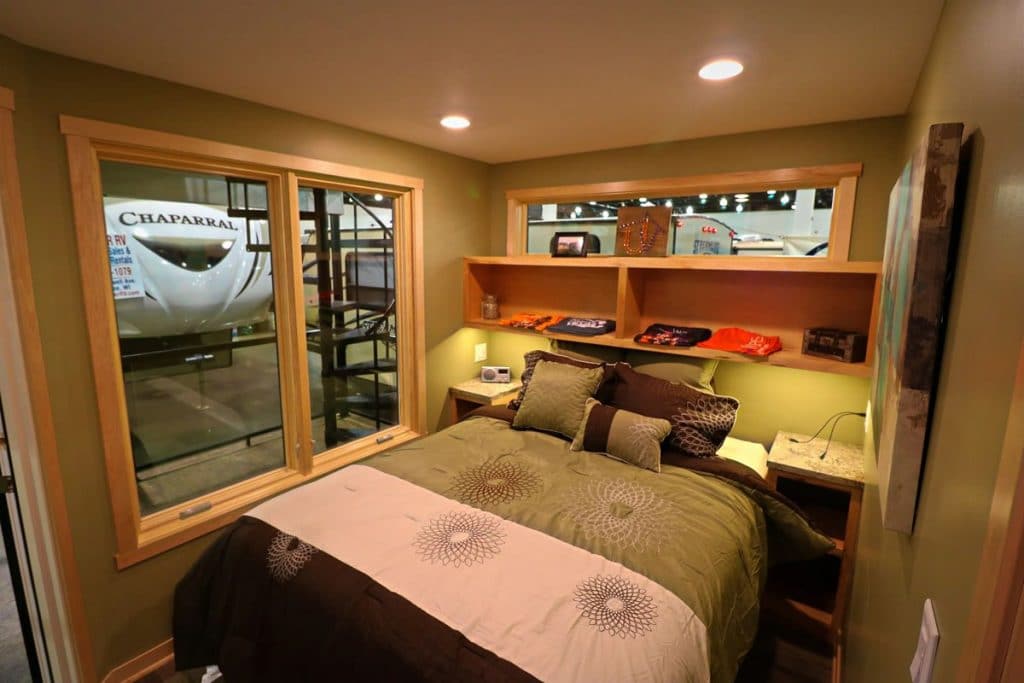 Bedroom with builti n headboard