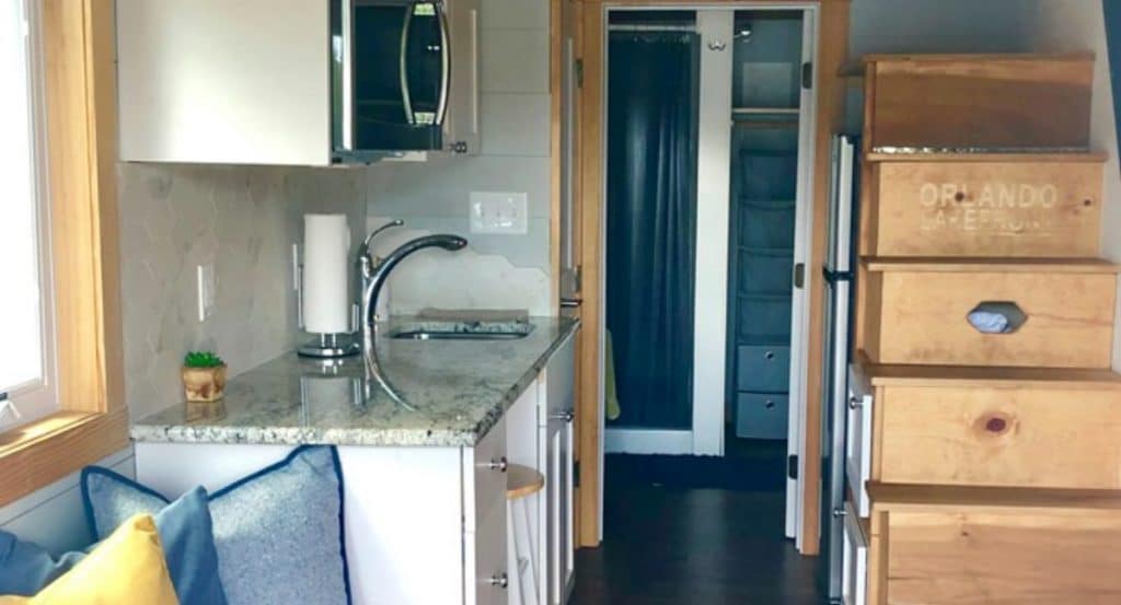 View into kitchen of tiny house
