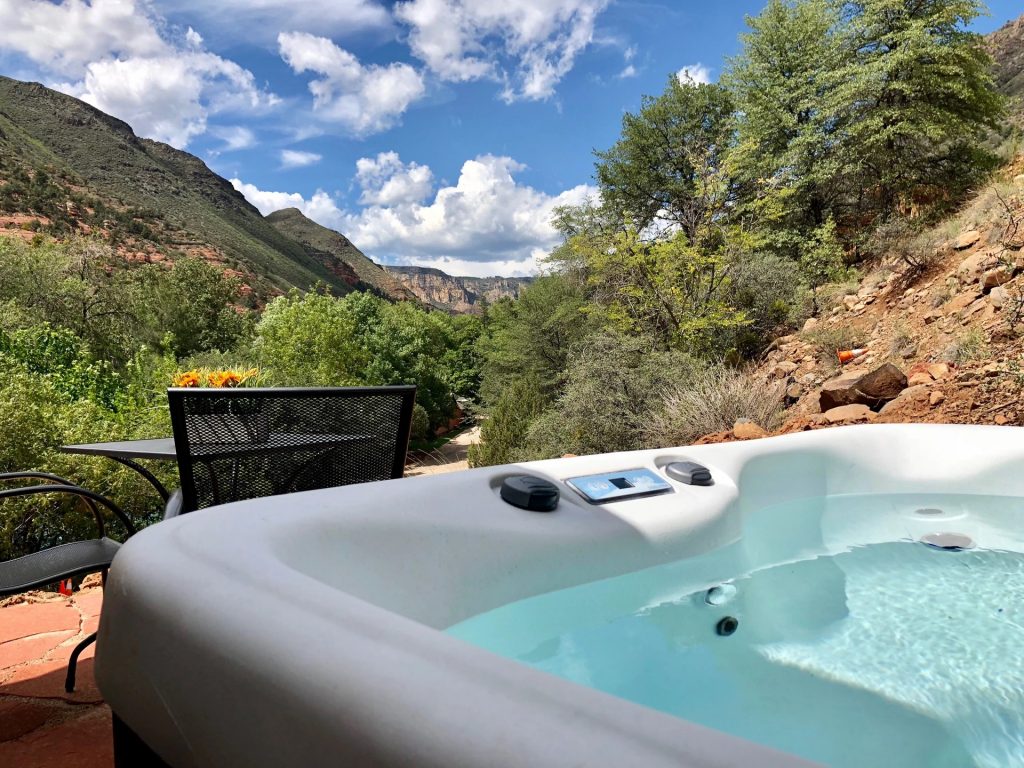 Hot tub on deck of tiny house