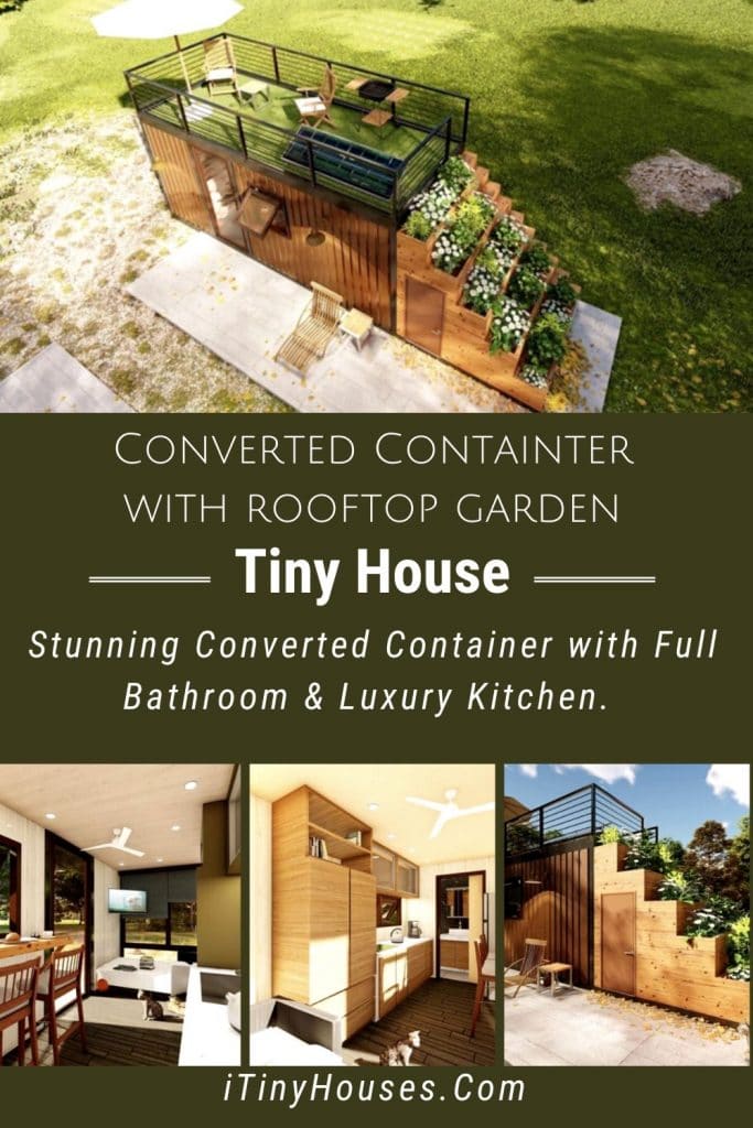 Converted container with garden collage