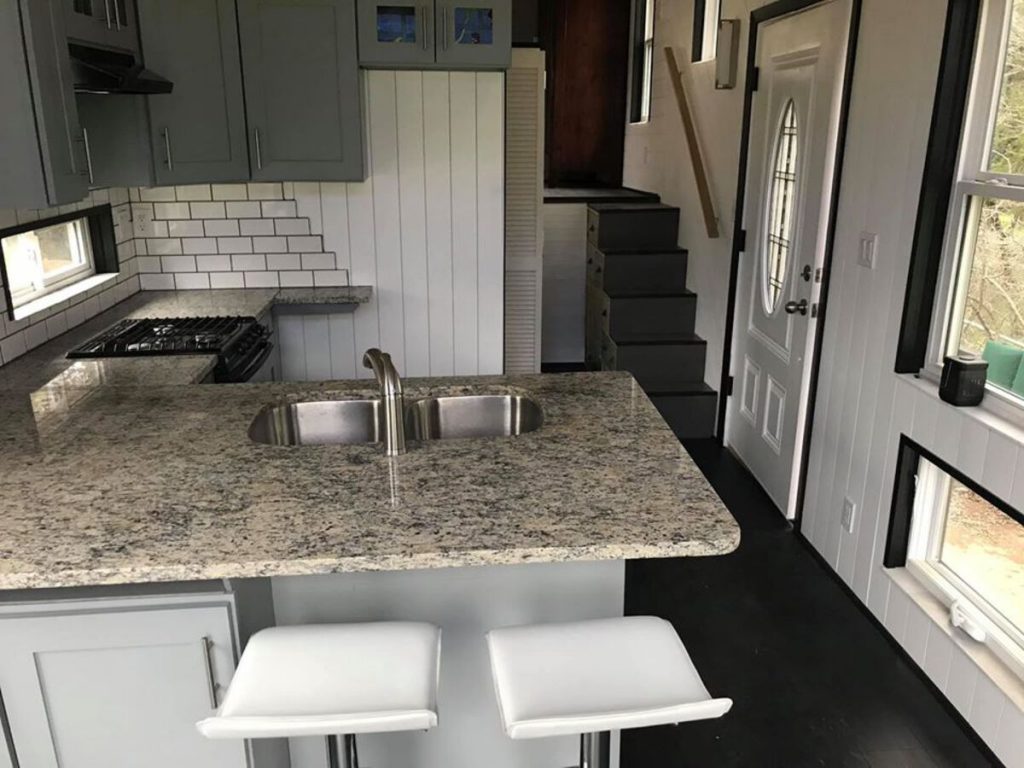 Kitchen counter with bar stools
