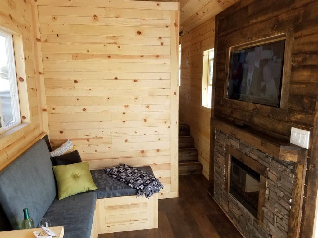 Living area with wood walls