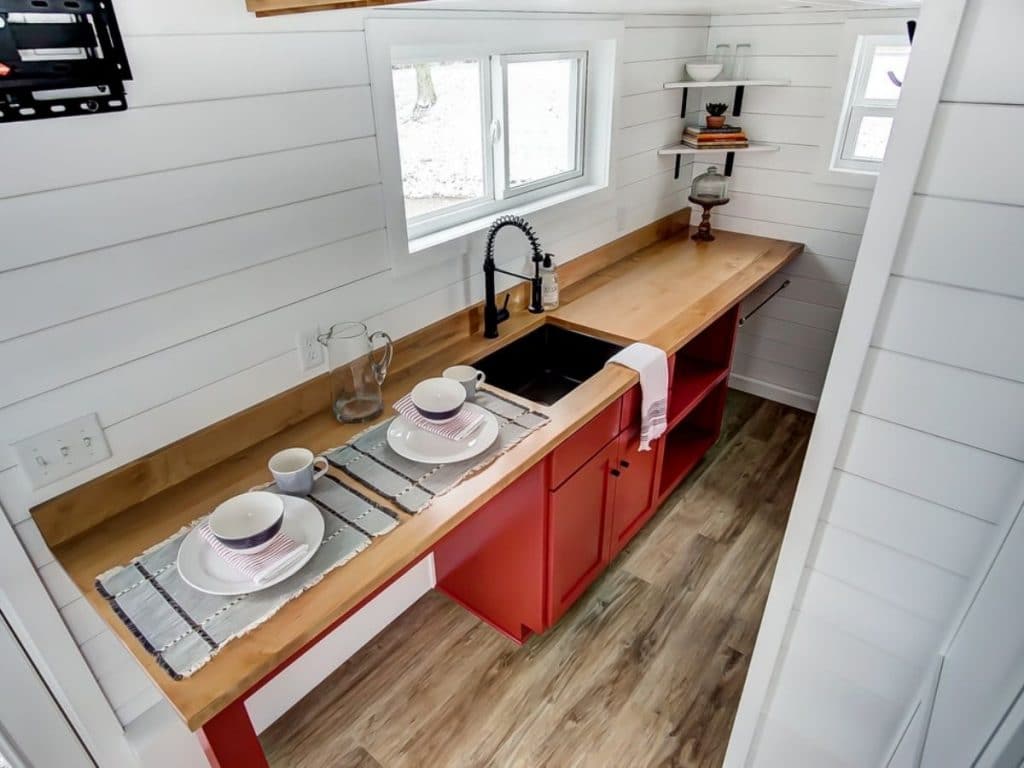 View into tiny house kitchen