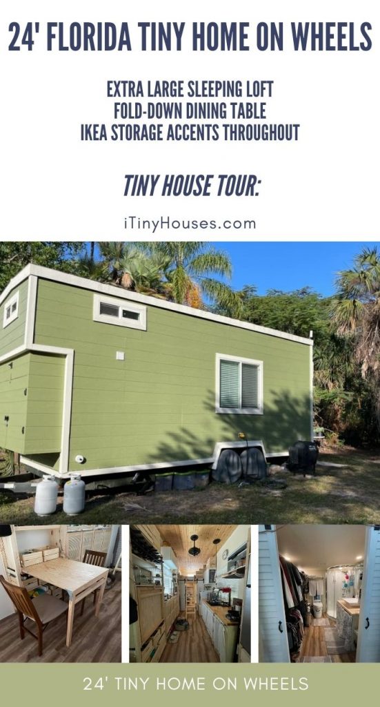 Green tiny house on wheels collage with multiple images