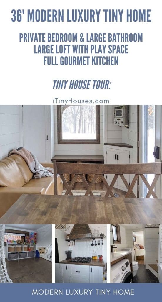 Modern white tiny house with blue trim collage image