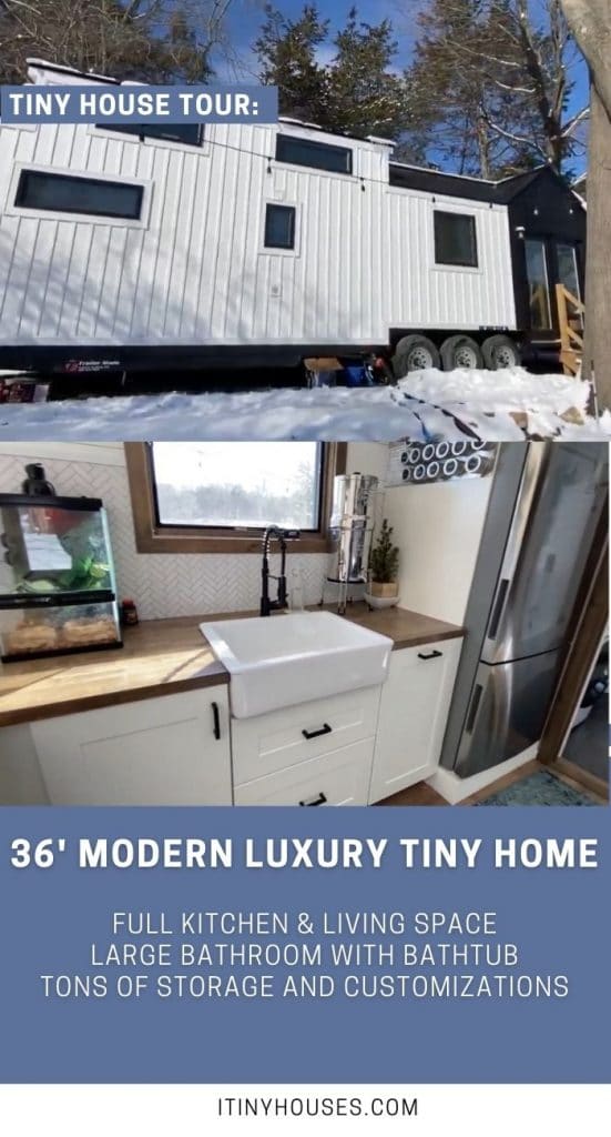 Modern white tiny house with blue trim collage image