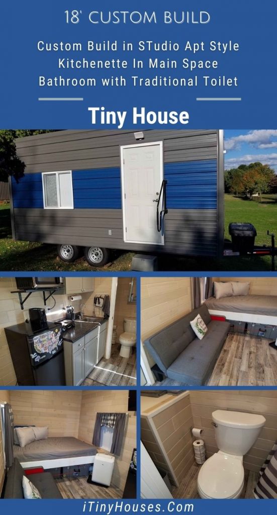 Custom tiny grey and blue house on wheels collage