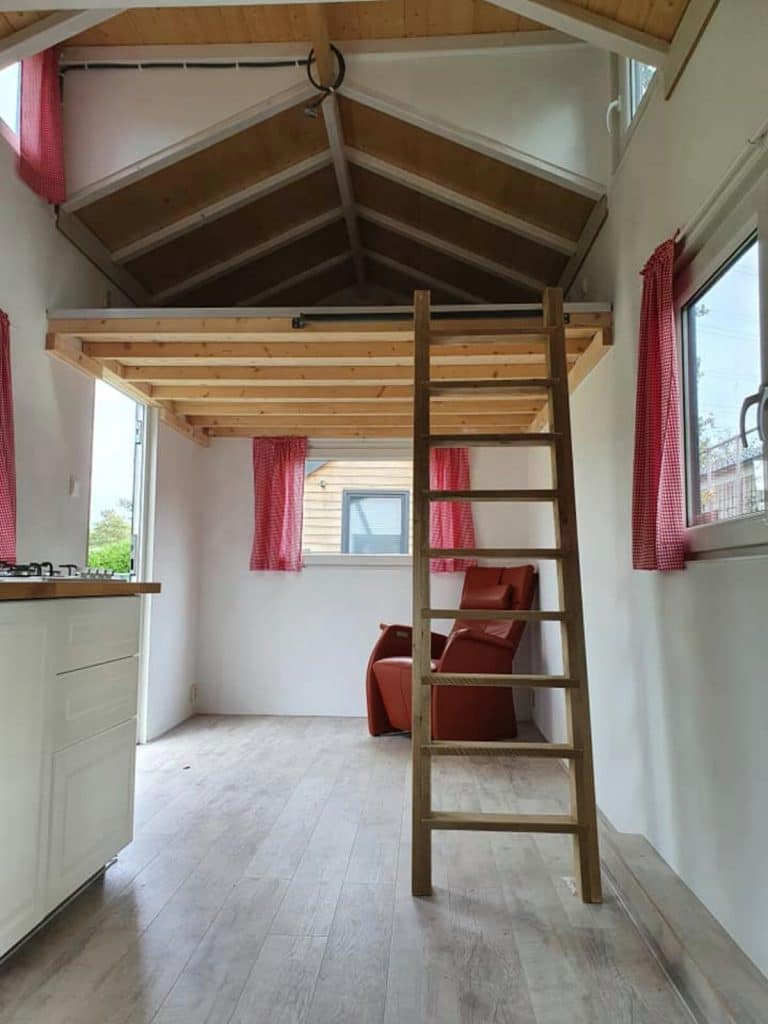 View in tiny house of loft with ladder