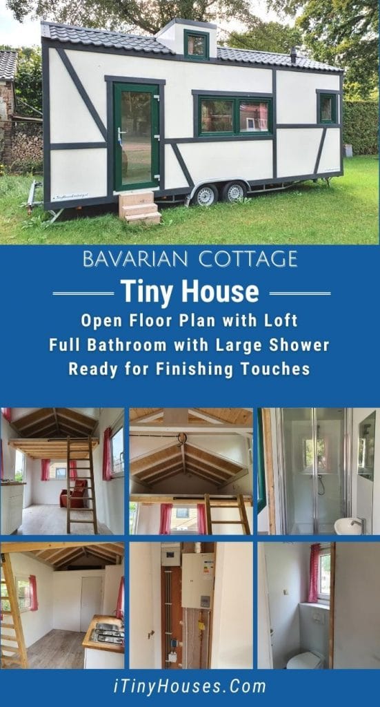 Bavarian cottage tiny home collage image with blue background