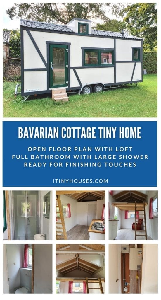 Bavarian cottage tiny home collage image with blue background