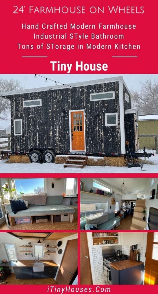 Collage image of blue tiny home