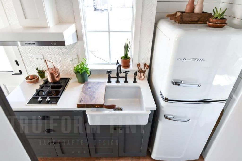 Kitchen with retro white refrigerator