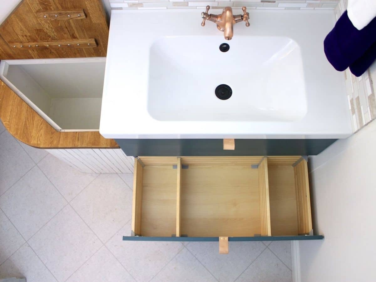 Image from above sink with drawer open
