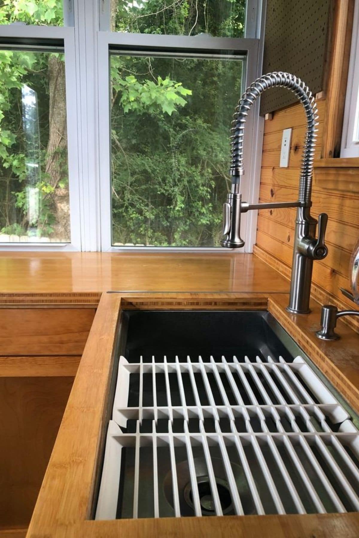 Deep sink with dish drain insert in butcher block counter