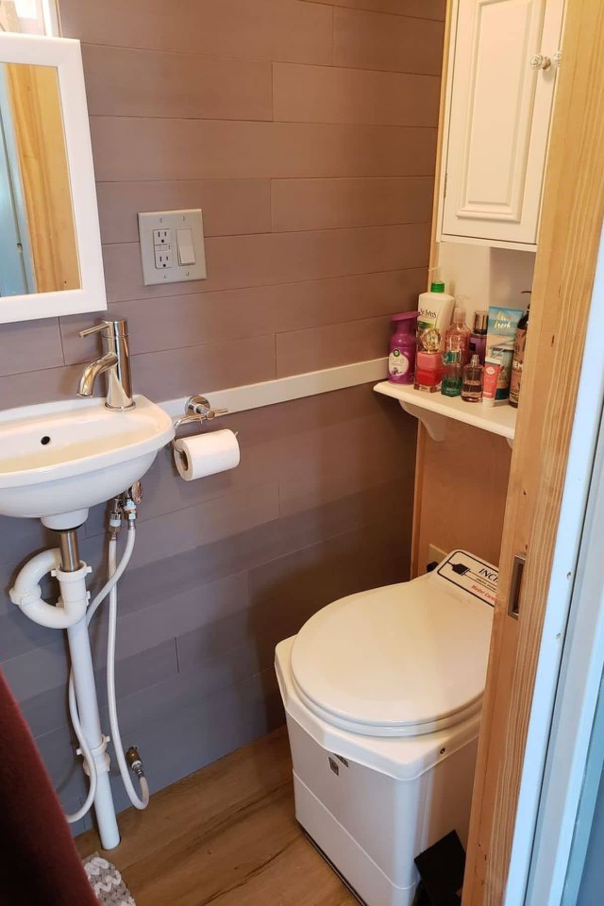 Brown walls in bathroom with hanging sink and incinerator toilet against wall