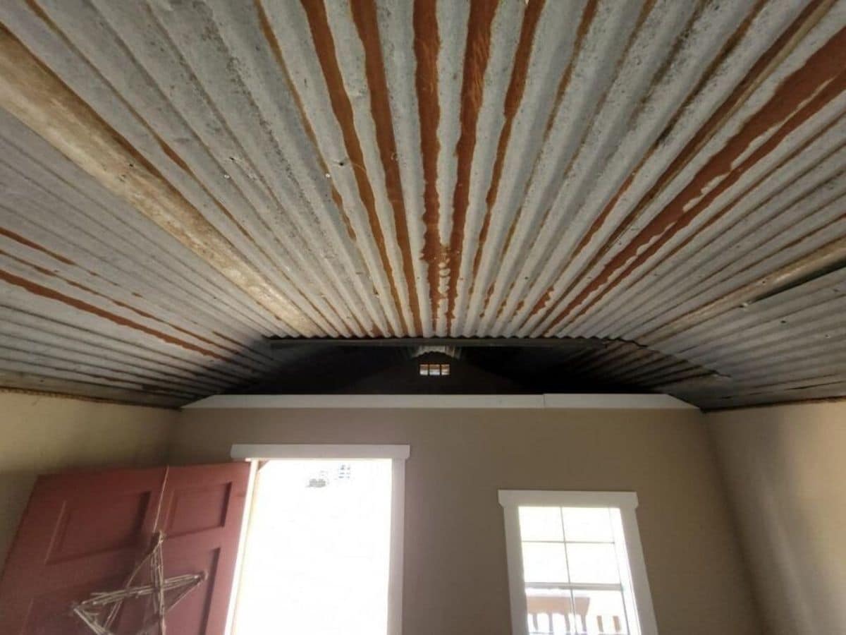 Corrugated metal ceiling in tiny home