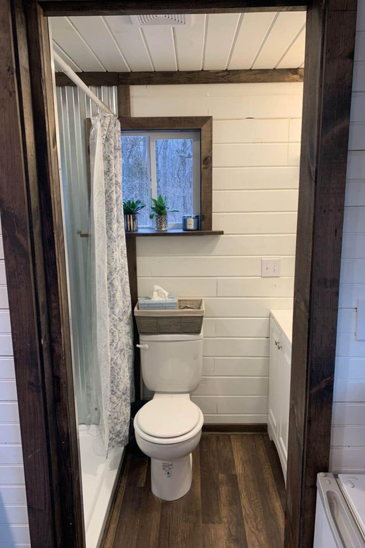Flush toilet against shiplap wall directly across from door