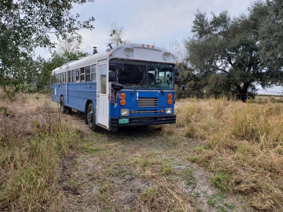 Blue school bus in field of dried grass