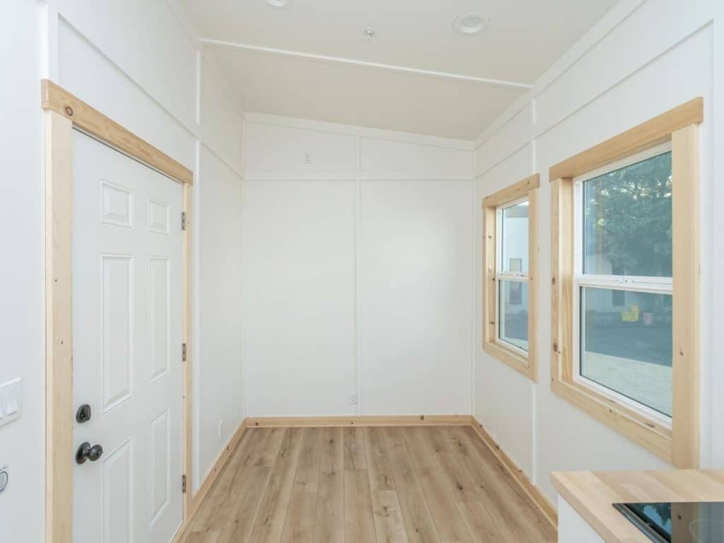 White walls in living room of tiny home