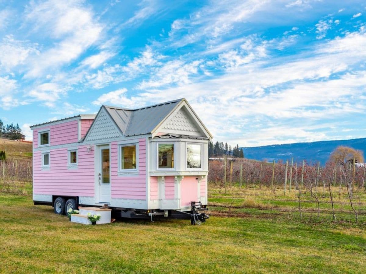 Tiny home in green field with pink siding and white trim