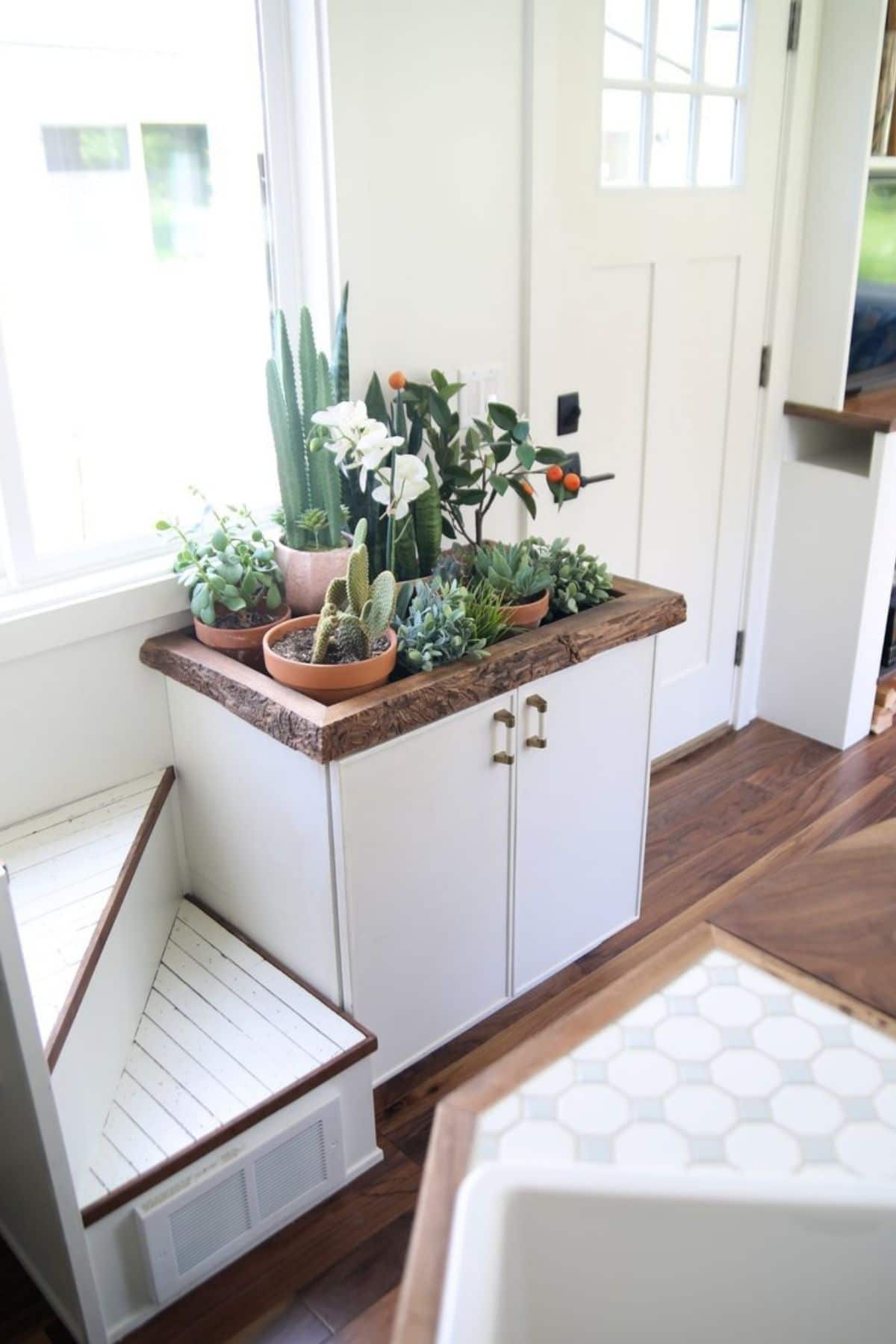 White cabinet next to white stairs with wood top filled with potted plants