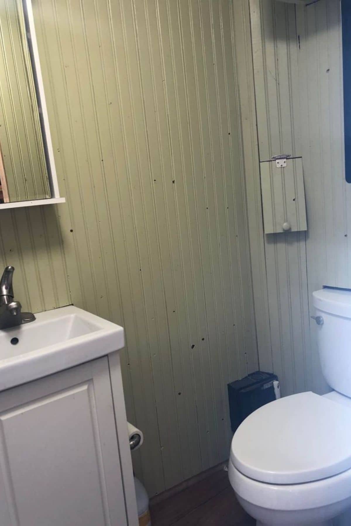 White flush toilet in bathroom with green walls and white vanity