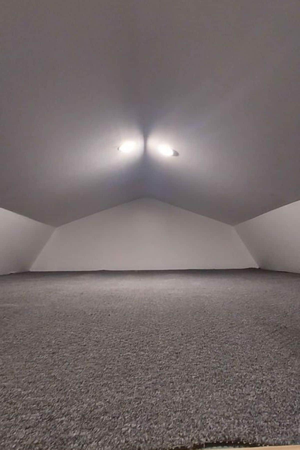 gray carpet in loft space with white walls in tiny home