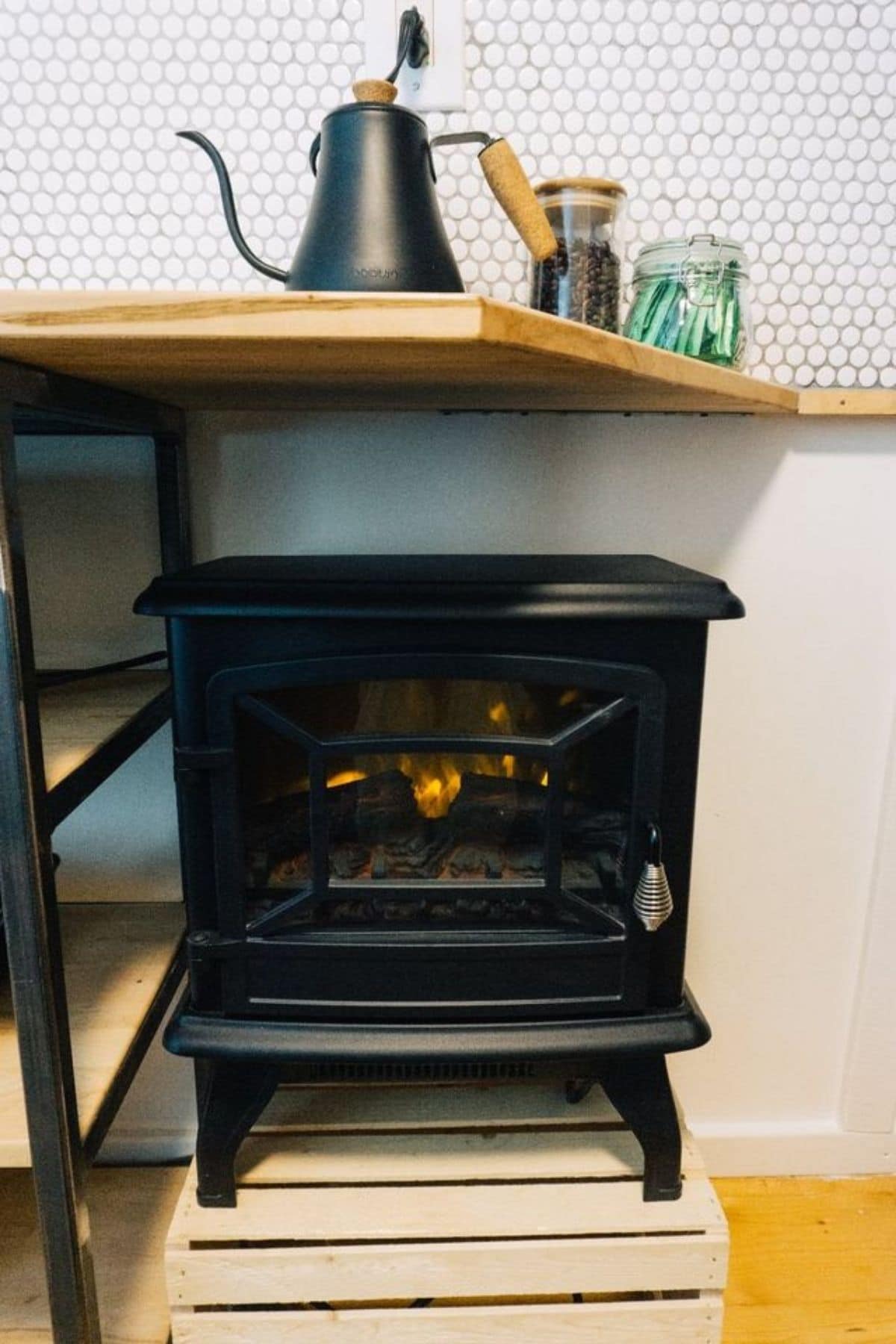 wood stove underneath counter