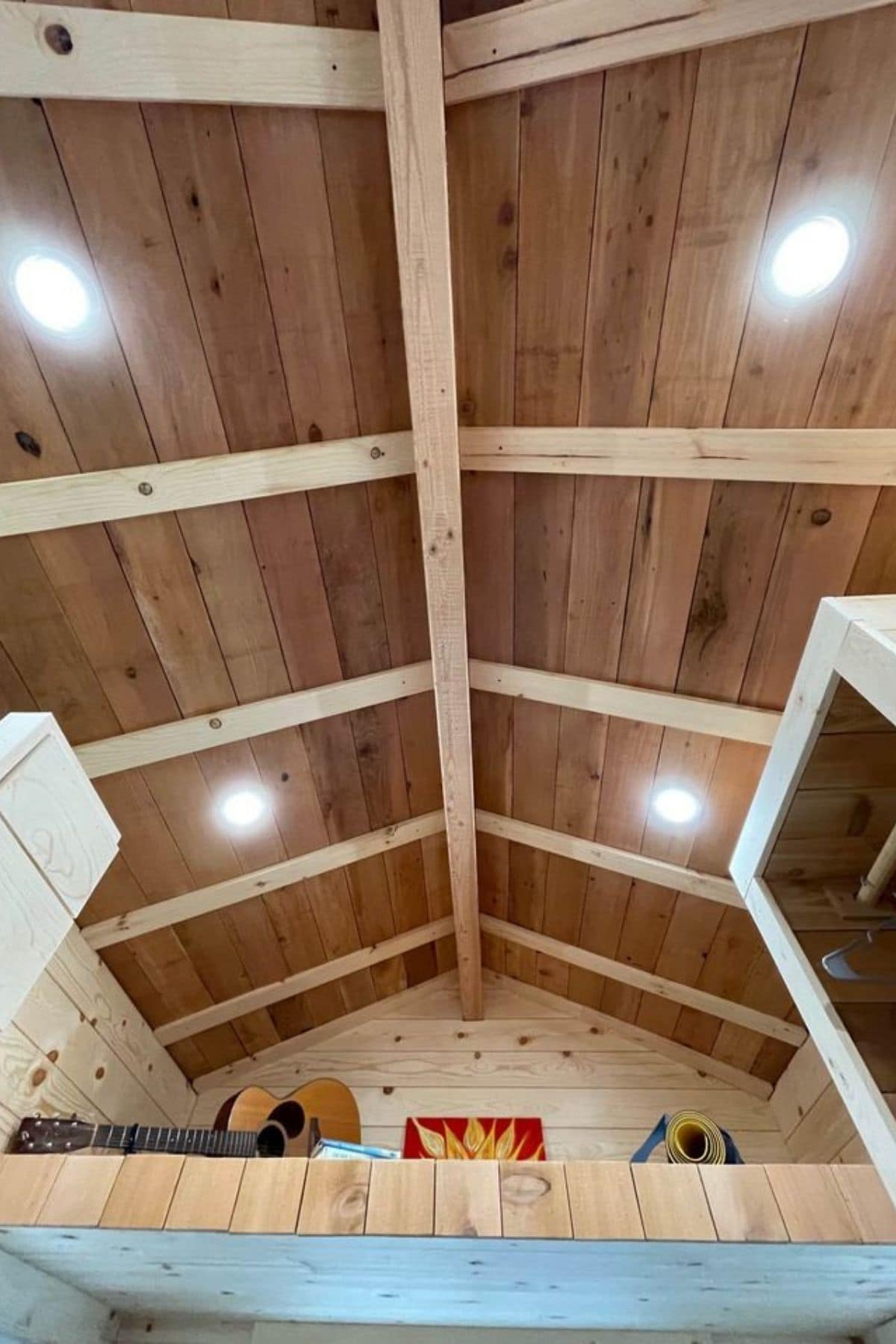 dark wood ceiling in tiny home