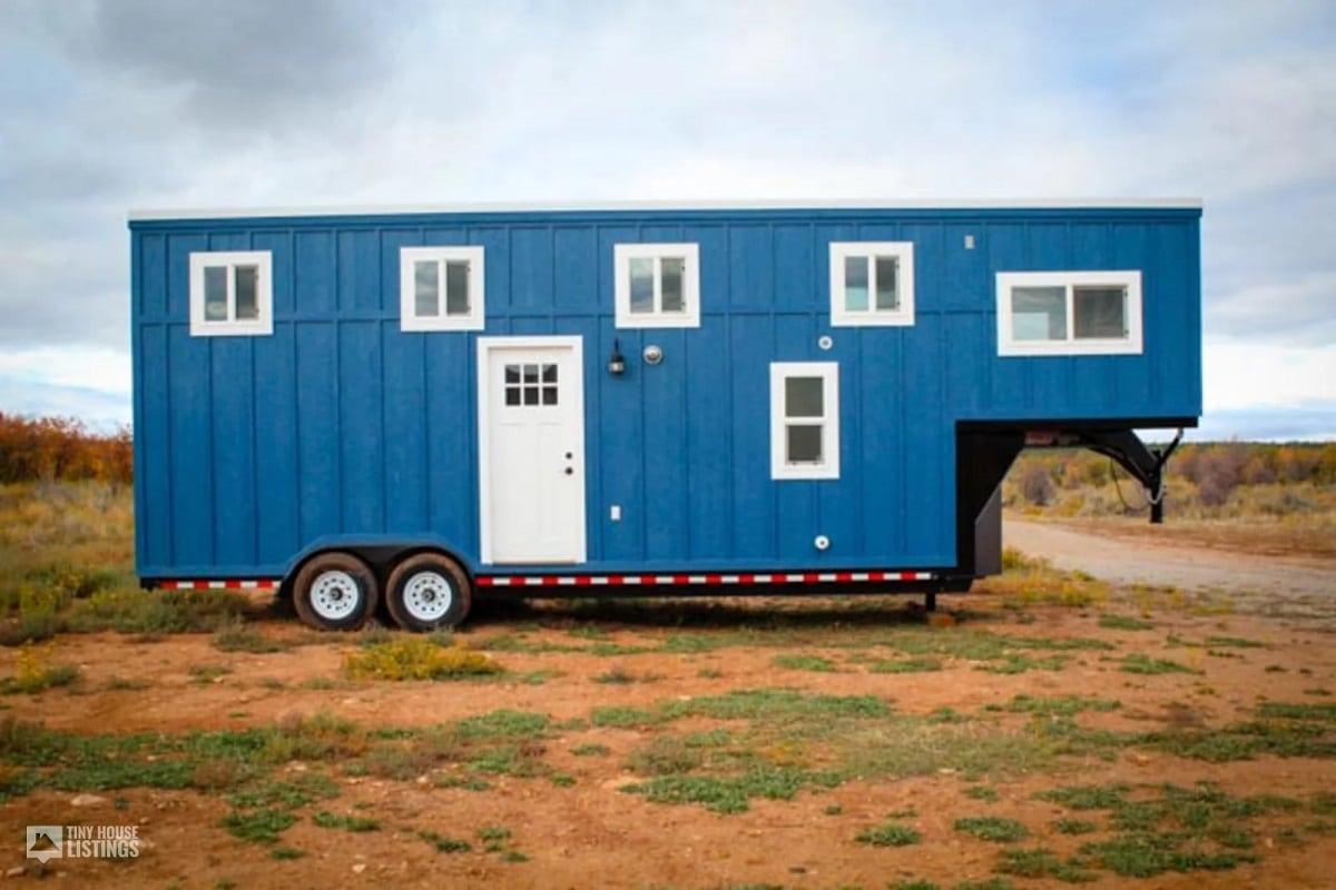 Shade of blue container ban tiny home