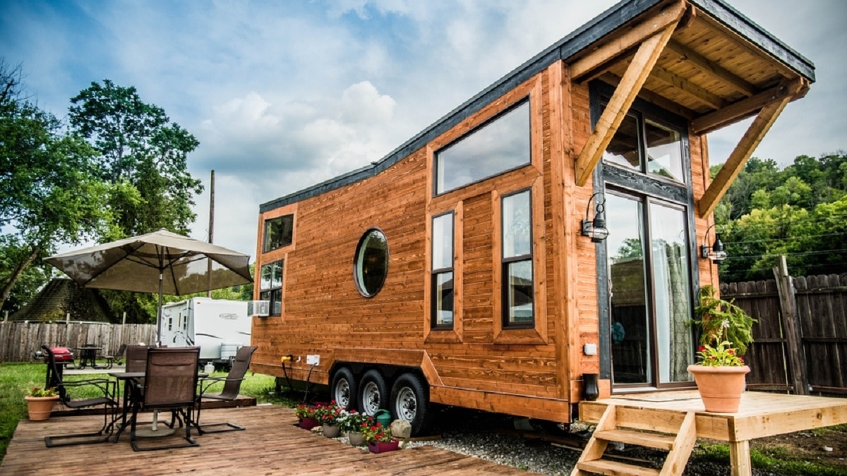 Wood style tiny house with portico