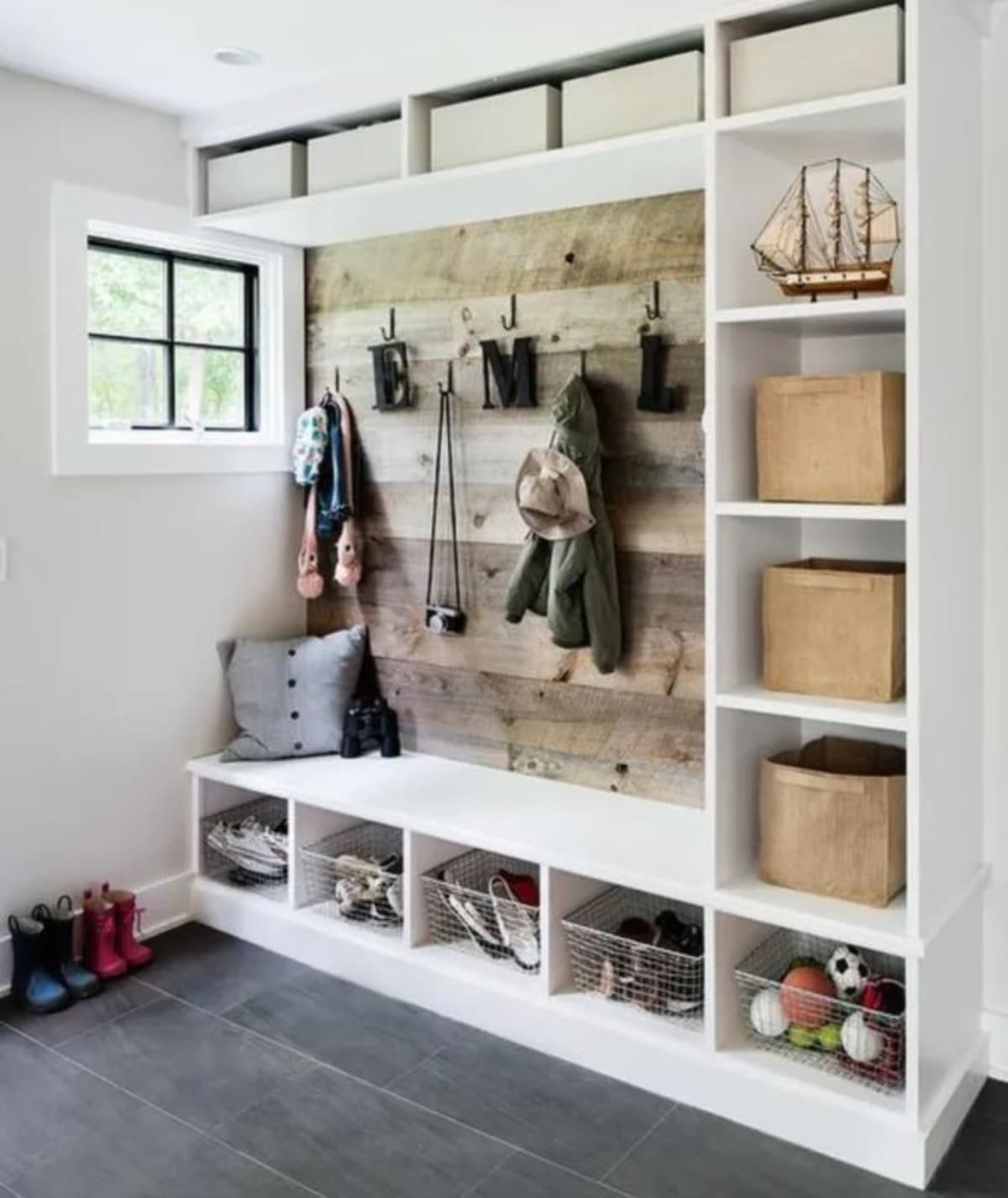 Coat hanger with other storage baskets in it