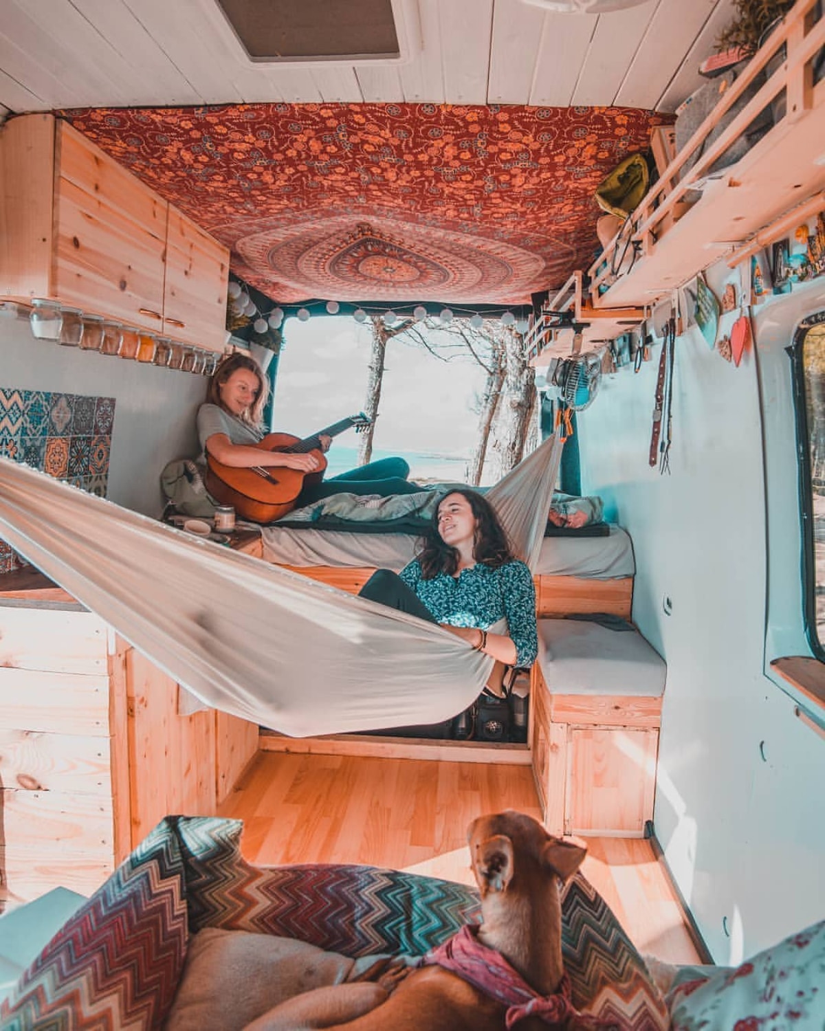 Tiny house with 2 women and a dog on their beds