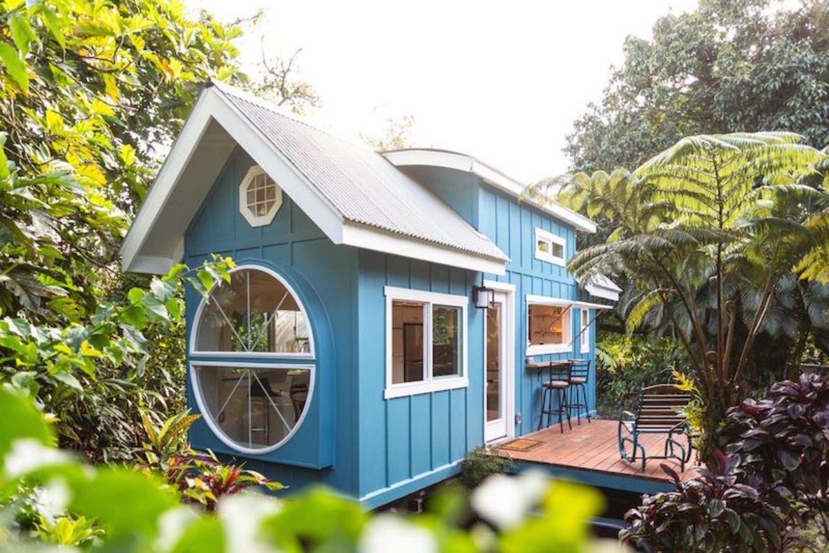 blue mobile house surrounded by plants