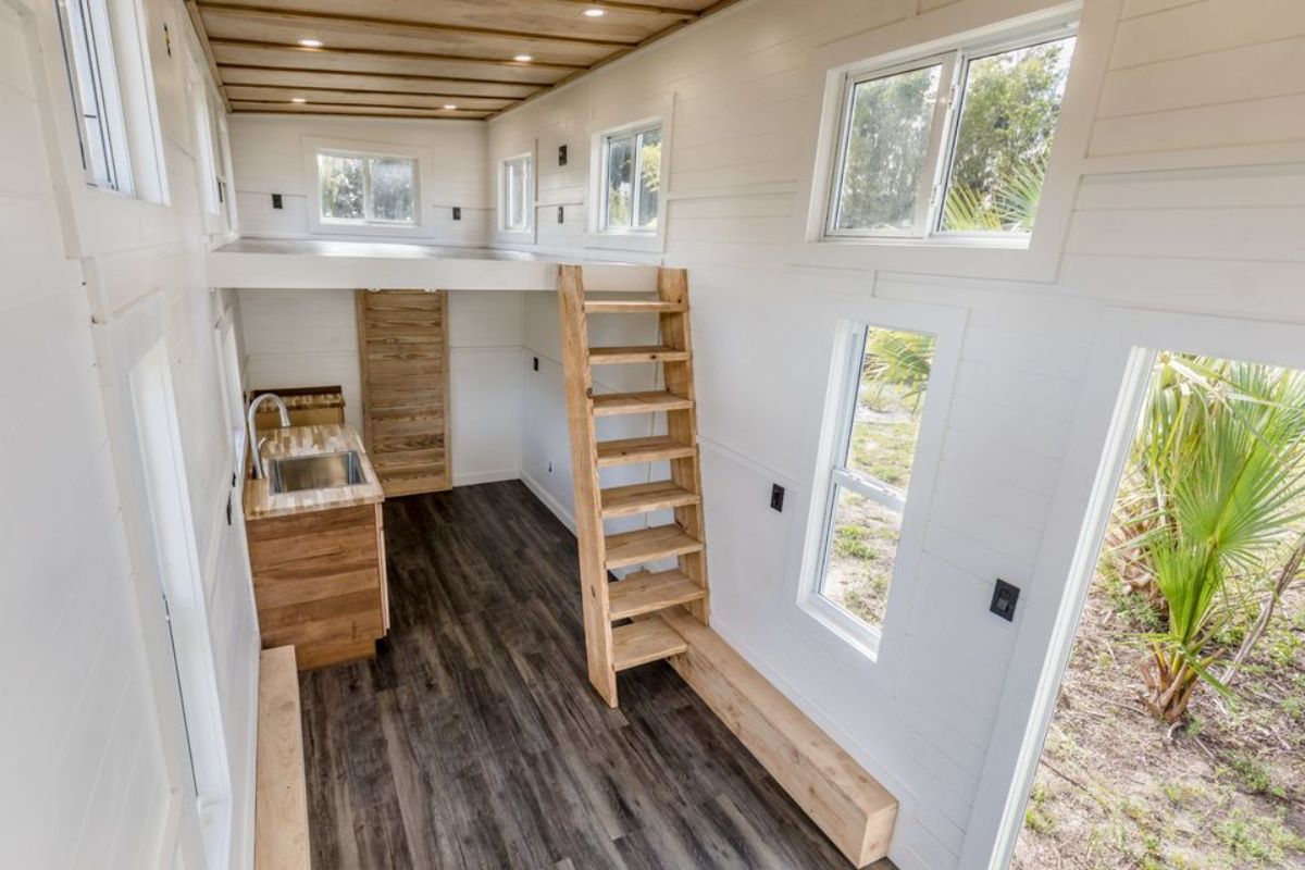 white walls inside tiny home with light wood trim and ladder to loft above kitchen