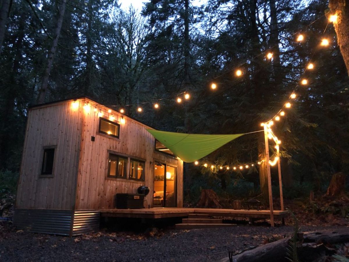 tiny house with wood siding after dark with green awning and twinkle lights over porch