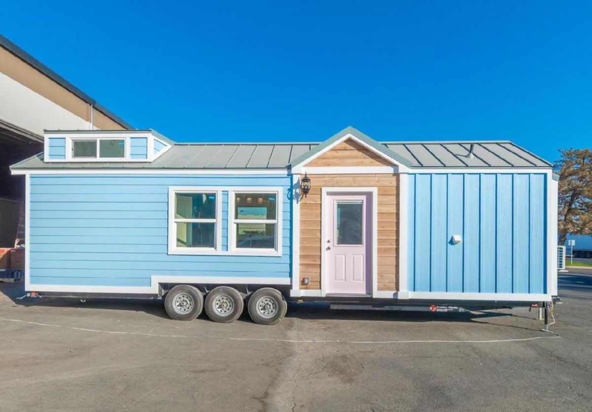 Front view of 34’ Tiny Home on Wheels