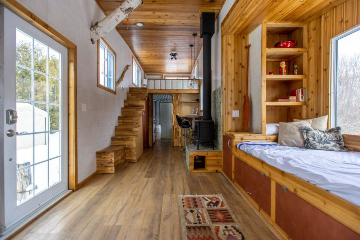 Living area of Custom Tiny Home on wheels has ample space in the middle