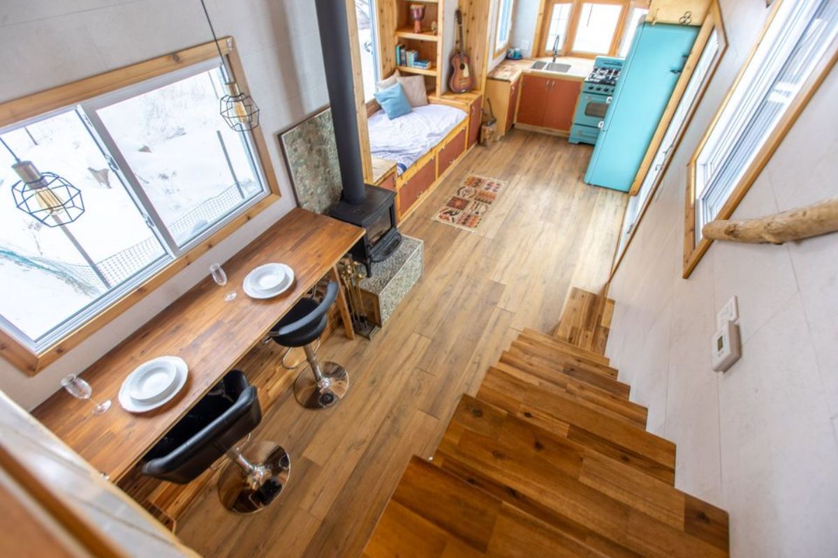Overall view of custom tiny home from bedroom enterance