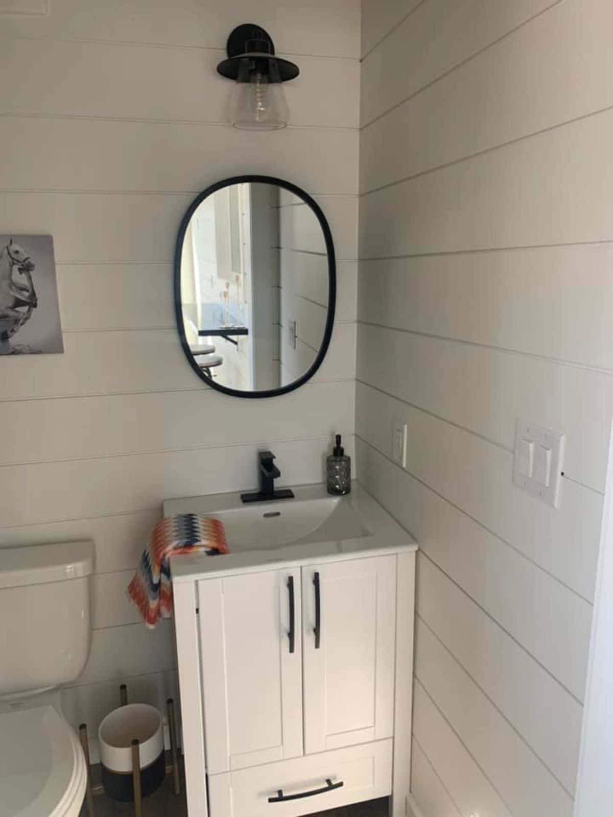 A mirror, sink and storage for toiletries