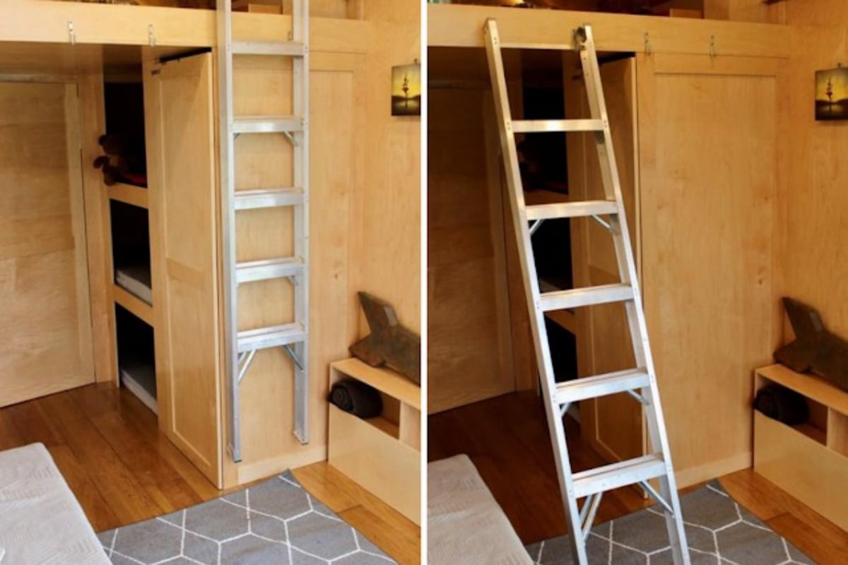 Ladder towards the loft bedroom of 221 sf Beautiful Tiny Home