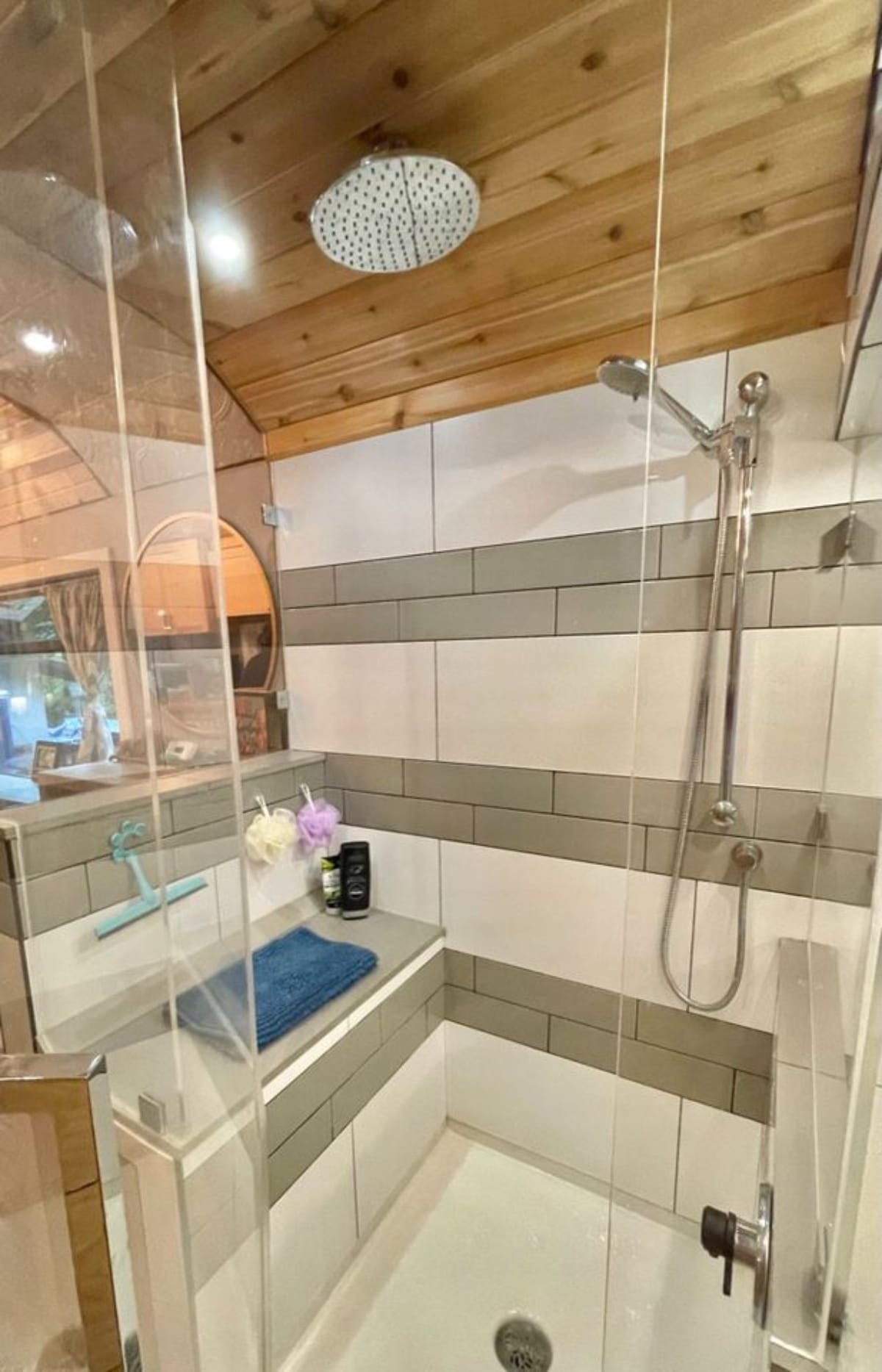 Shower area of 40' School Bus Converted Tiny House