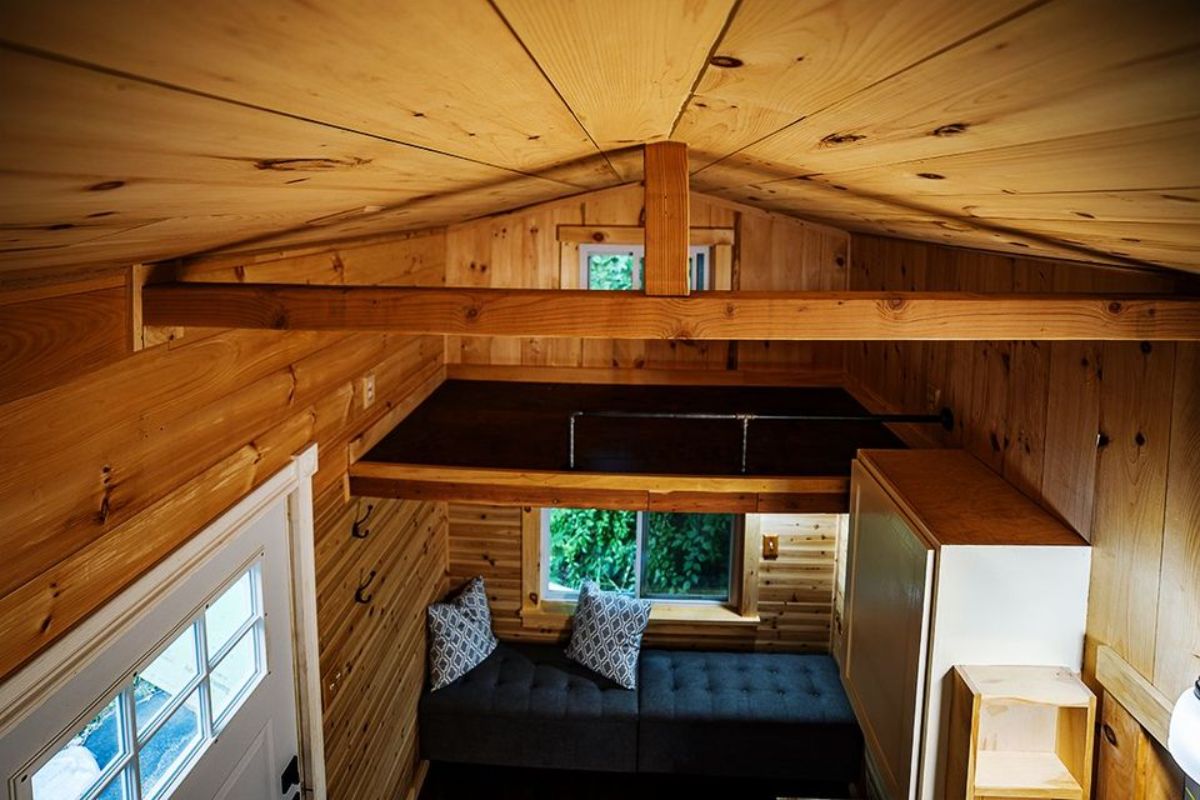 Loft above living room of 19’ Custom Built Tiny House