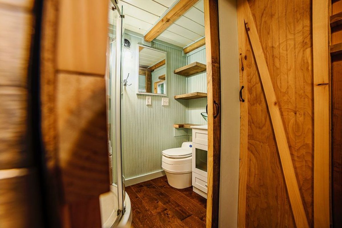 bathroom area and toilet of 19’ Custom Built Tiny House