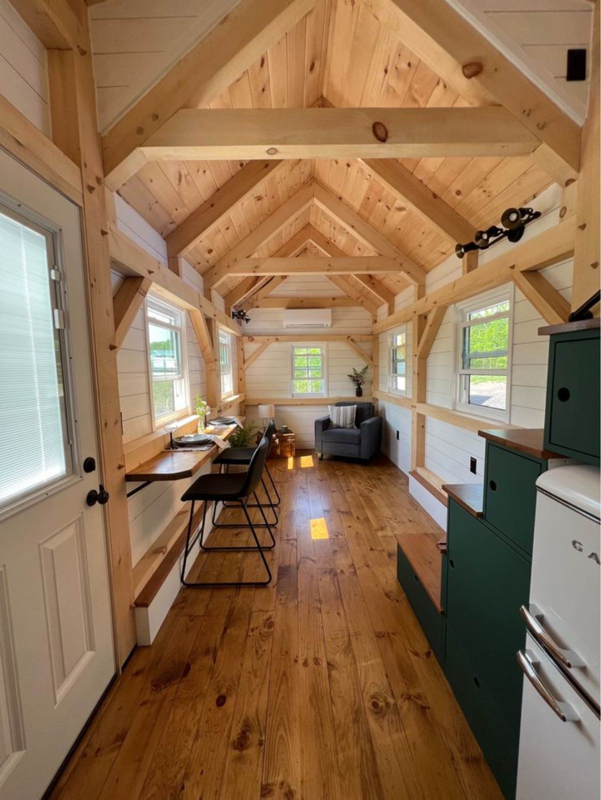 Classy wooden interiors of 26’ Timber Framed Tiny House
