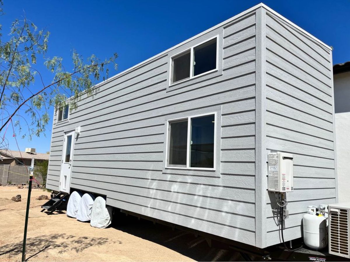 Front side of 30’ Modern Tiny House on Wheels from outside