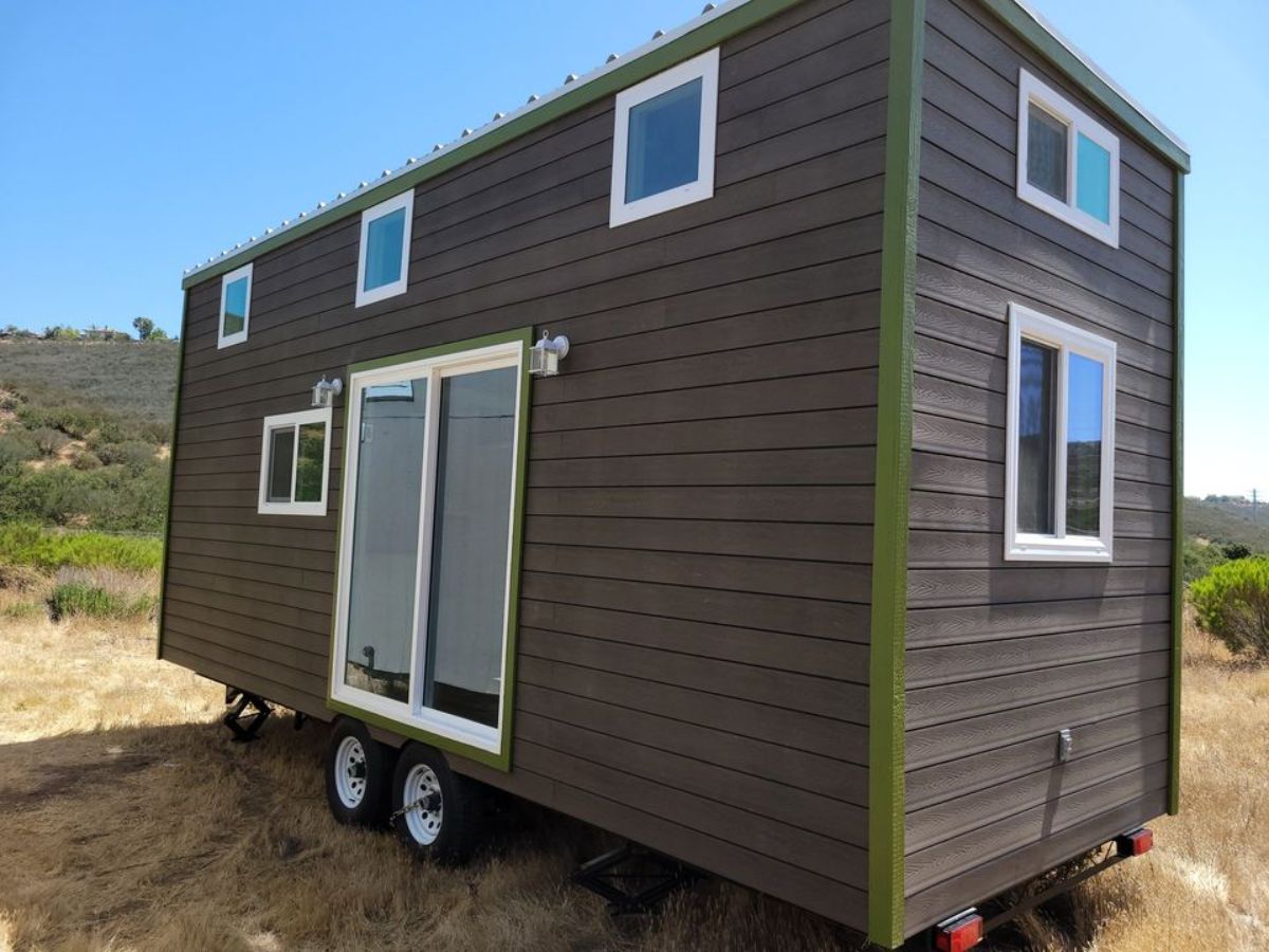 Main entrance view of 24’ Two Bedroom Tiny House